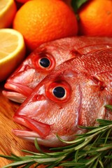 Close-up shot of raw fish with citrus fruits and herbs