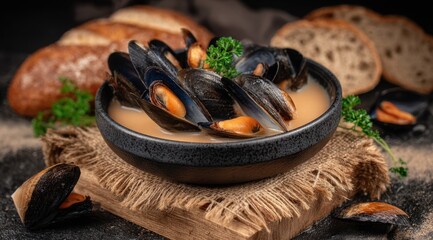 Steaming seafood soup, served with crusty bread