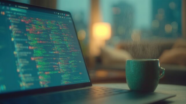 Coding session at home with laptop and steaming cup in evening light