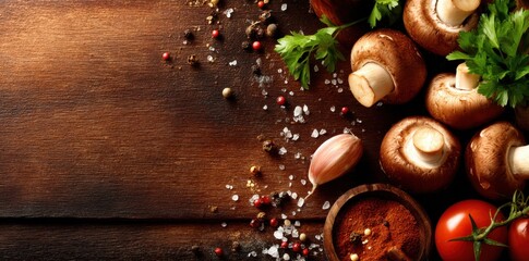 Fresh mushrooms with herbs and spices on rustic wooden table