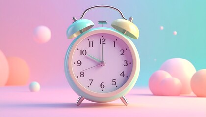 Adorable vintage alarm clock in soft pastel colors, a 3D rendered scene with a gentle aesthetic
