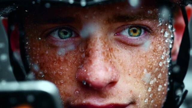 A close-up portrait of a young man with striking green and hazel eyes, showcasing raindrops on his face while he engages with a smartphone in a rainy environment.