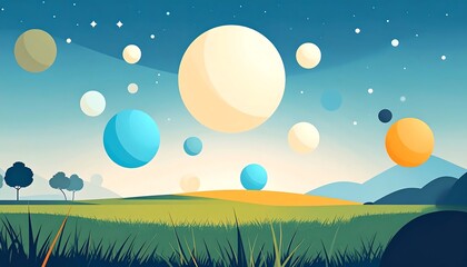 Grassy field under a night sky with floating orbs in blue, beige, yellow and orange colors