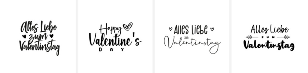 Moderne minimalistische Schönschrift-Kalligrafie mit den Schriftzügen „Happy Valentine’s Day“ und „Alles Liebe zum Valentinstag“. Eleganter, zeitloser Vektor-Schriftzug für Karten, Print und Design.