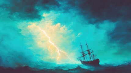Obraz premium Stormy waters with a ship caught in lightning at sea in dusk hours