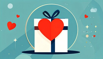 Gift box adorned with a red heart, set against a teal backdrop dotted with stars and simple abstract cloud shapes