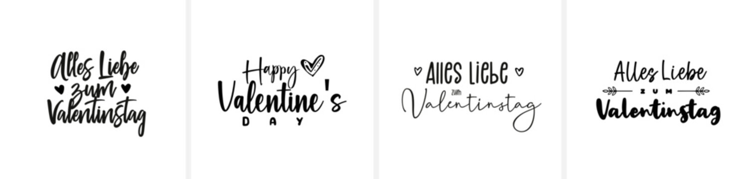 Moderne minimalistische Sch&ouml;nschrift-Kalligrafie mit den Schriftz&uuml;gen &bdquo;Happy Valentine&rsquo;s Day&ldquo; und &bdquo;Alles Liebe zum Valentinstag&ldquo;. Eleganter, zeitloser Vektor-Schriftzug f&uuml;r Karten, Print und Design.
