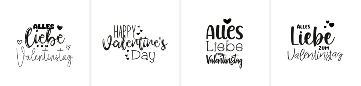 Moderne minimalistische Sch&ouml;nschrift-Kalligrafie mit den Schriftz&uuml;gen &bdquo;Happy Valentine&rsquo;s Day&ldquo; und &bdquo;Alles Liebe zum Valentinstag&ldquo;. Eleganter, zeitloser Vektor-Schriftzug f&uuml;r Karten, Print und Design.