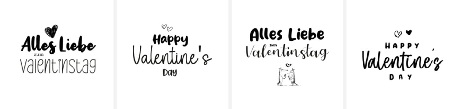 Moderne minimalistische Sch&ouml;nschrift-Kalligrafie mit den Schriftz&uuml;gen &bdquo;Happy Valentine&rsquo;s Day&ldquo; und &bdquo;Alles Liebe zum Valentinstag&ldquo;. Eleganter, zeitloser Vektor-Schriftzug f&uuml;r Karten, Print und Design.