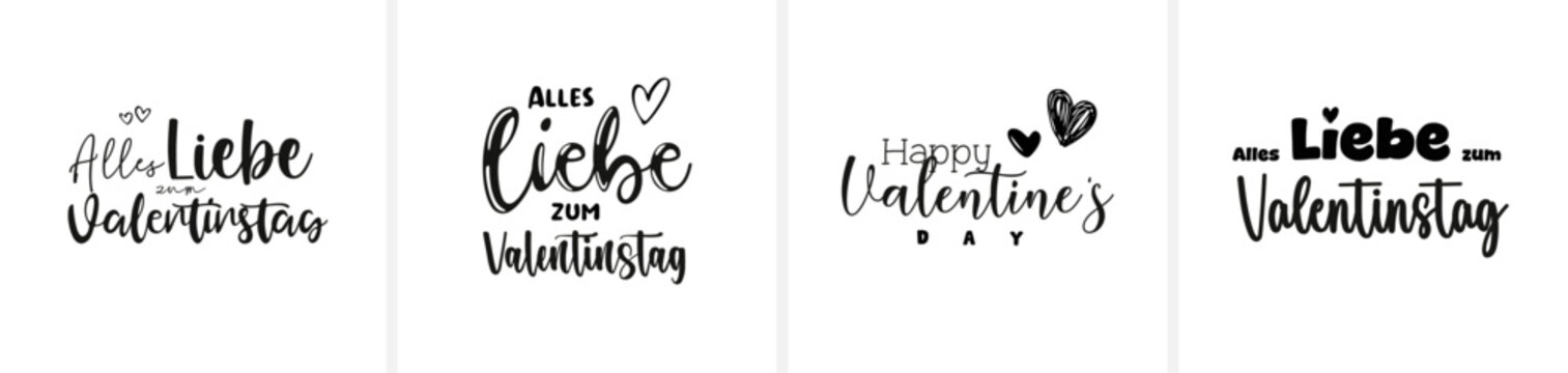 Moderne minimalistische Sch&ouml;nschrift-Kalligrafie mit den Schriftz&uuml;gen &bdquo;Happy Valentine&rsquo;s Day&ldquo; und &bdquo;Alles Liebe zum Valentinstag&ldquo;. Eleganter, zeitloser Vektor-Schriftzug f&uuml;r Karten, Print und Design.