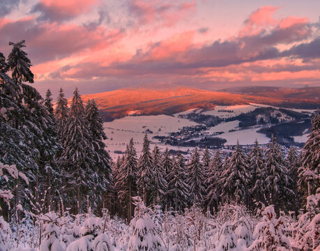 Winter snowy landscape with fresh snow covered trees,sky,rime and mountain forest at winter sunny day