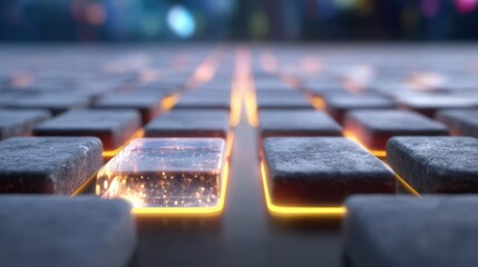 Glowing illuminated keyboard keys with one highlighted key