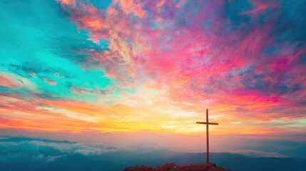 Sunrise over mountains with cross silhouette against colorful sky