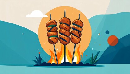 Grilled skewers over a fire with mountains and sky backdrop, a minimalistic and stylized illustration