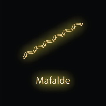 Neon sign of italian mafalda pasta variety, glowing yellow on black background