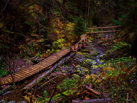 Bridge over river Opava with stones in Jeseniky mountains