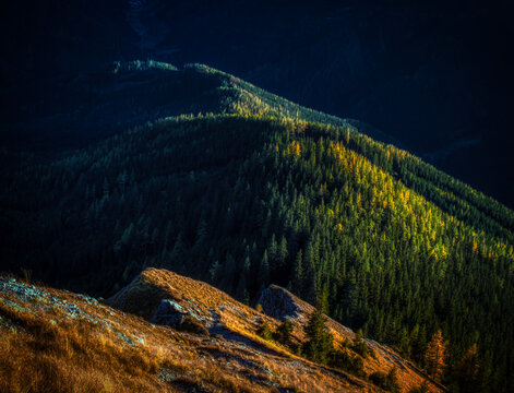 View  from a Hohe Veitsch mountain massive in Alps on a autumn day