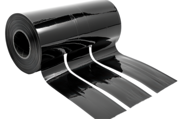 Black Plastic Film Roll With Multiple Strips. Industrial Packaging And Wrapping Material Isolated On Transparent Background