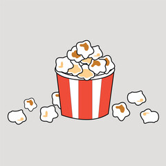 Vector illustration of a paper cup filled with popcorn, popcorn scattered near the cup