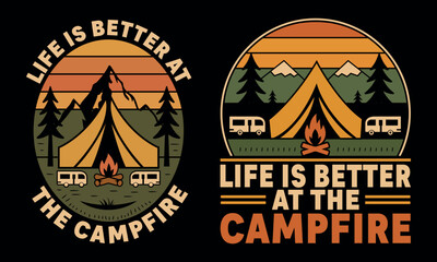 Life is better at the campfire: retro camping adventure with tent, mountains, and camper vans T-shirt Design