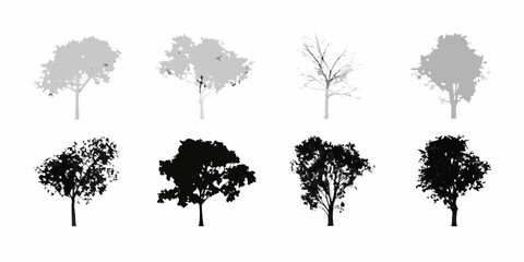 A collection of diverse tree silhouettes in varying shades and forms