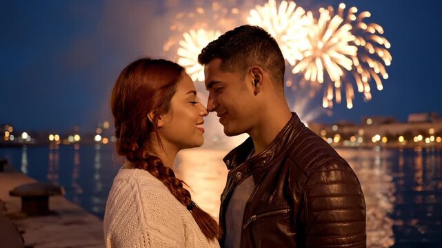 Young couple shares romantic kiss during fireworks over water. Pair stands close with fireworks display behind. Couple enjoys romantic night by water. Young love celebrates with fireworks show.