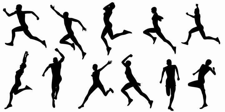 Silhouettes of people running and jumping dynamic figures in motion