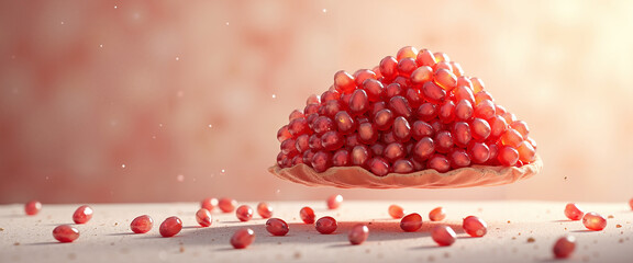 Pomegranate seeds floating in a glowing atmosphere with particles  