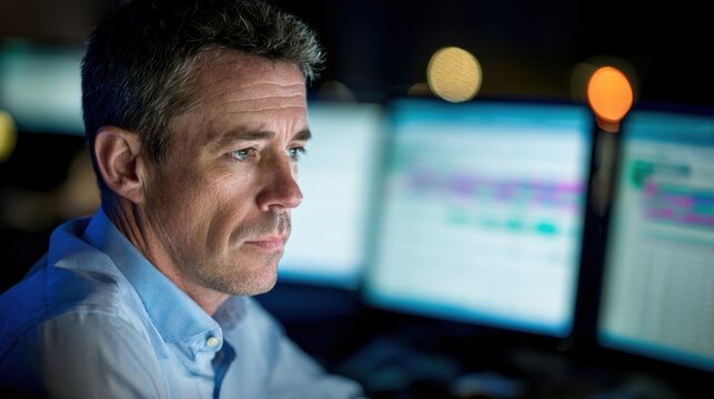 Man focuses on computer screens while working in a dark office setting