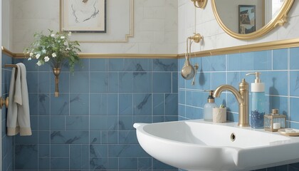 Modern blue bathroom interior with white vessel sink, gold brass faucet, round mirror, and stylish decor creating a bright, elegant, and contemporary home design atmosphere