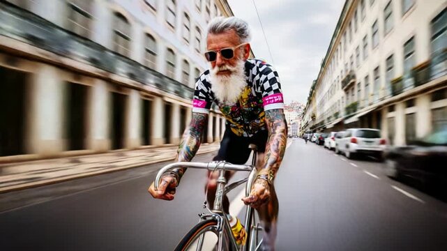 An Energetic Senior Cyclist Dashes Through City Streets with an Expressive Style, Showcasing Vibrant Tattoos and Retro Cycling Gear in a Fast-Paced Urban Environment
