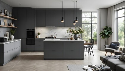 Modern open-plan kitchen and living area with matte gray cabinets, minimalist island, pendant lighting, natural daylight, indoor plants, and contemporary furniture creating a stylish, functional