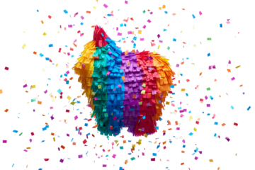 Rainbow party pinata with colorful confetti isolated on transparent background