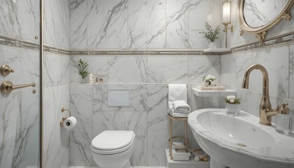 Luxury white marble bathroom interior with modern toilet, elegant sink, gold fixtures, round mirror, wall tiles, and stylish lighting creating a clean, sophisticated, and high-end hotel bathroom 