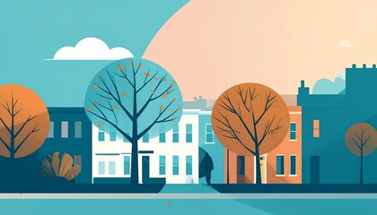 Obraz premium Flat illustration of colorful buildings and trees against a gradient sky, embodying calm and pleasant city life