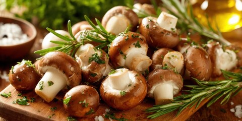 Fresh mushroom arrangement with herbs and oil on wooden cutting board