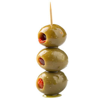 Illustration of three green olives stuffed with pimento on a toothpick, isolated on transparent background