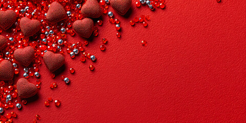 Beautiful scarlet background with sparkling hearts and beads, copy space, horizontal banner