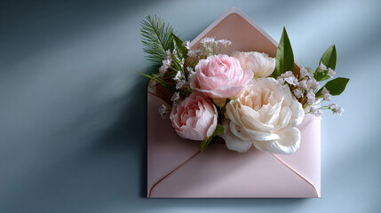 An envelope with beautiful flowers and leaves. Floral arrangement, creative layout. Top view. Spring, summer, or garden concept. A gift for Women's Day or Valentine's Day.