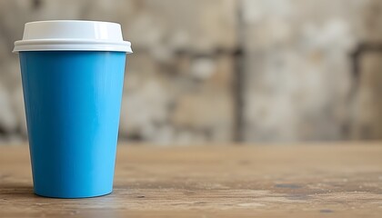 Blue Reusable Coffee Cup with White Lid on Wooden Table &ndash; Minimalist Takeaway Mug, Modern Eco-Friendly Drinkware for Hot Beverages, Cafe and Lifestyle Product Photography