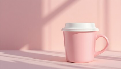 Pink Reusable Coffee Mug with Lid on Soft Pastel Background &ndash; Minimalist Takeaway Cup, Modern Ceramic Drinkware for Coffee, Tea, and Cozy Lifestyle Moments