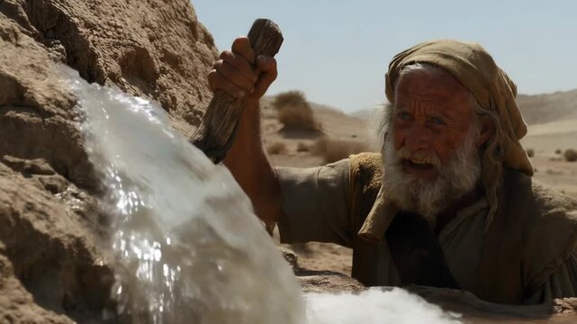 Biblical story of Moses striking a rock to bring forth water in the desert  