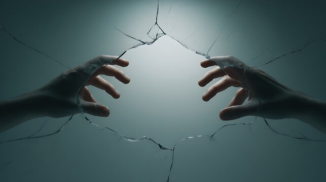 two hands reaching out from opposite sides of a cracked mirror, representing inner conflict and the journey to self-acceptance, minimalist lighting, 