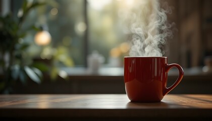 Steaming Red Coffee Mug on Wooden Table with Soft Morning Light and Cozy Indoor Background, Warm Home Atmosphere and Relaxing Beverage Still Life Photography