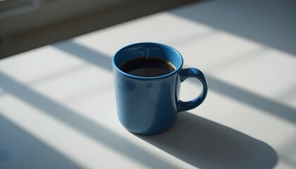 Minimalist Blue Coffee Mug Filled with Fresh Black Coffee on Sunlit Table by Window, Morning Light and Shadow Creating Calm Modern Lifestyle Beverage Photography