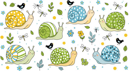 Cute Cartoon Snails With Flowers Leaves Birds And Insects Pattern Isolated On White Background Flat Vector Illustration © Sumon Creative