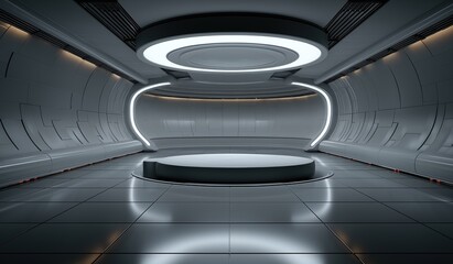 Fototapeta premium Sleek futuristic circular podium against backdrop of advanced space station interior with metallic walls and glowing LED lights, soft ambient lighting