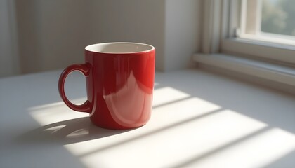 Red ceramic coffee mug on a white table near a sunlit window showing warm morning light, soft shadows, minimalist kitchen atmosphere, and peaceful drink concept with clean modern style