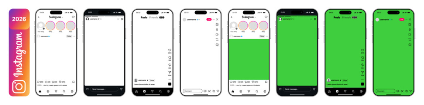 Instagram 2026 mobile interface showcasing post story reels feed like comment repost actions with transparent PNG elements and green screen placeholders