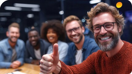 Smiling man giving thumbs up with diverse team in background